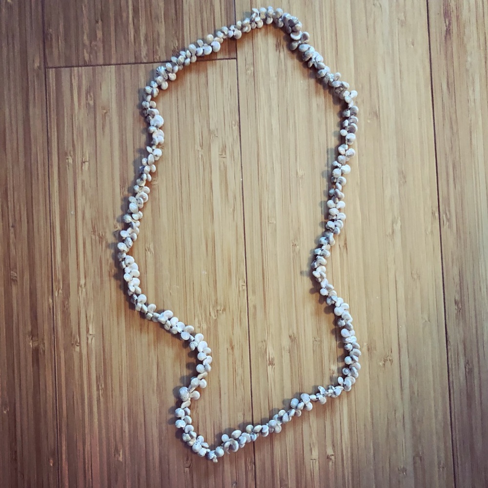 Long boho gray & white sea shell necklace